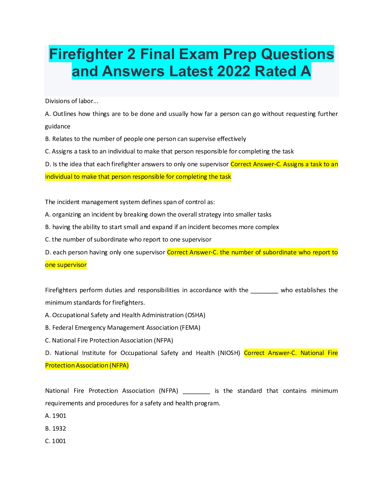 Firefighter 2 Final Exam Prep Questions and Answers Latest 2022 Rated A